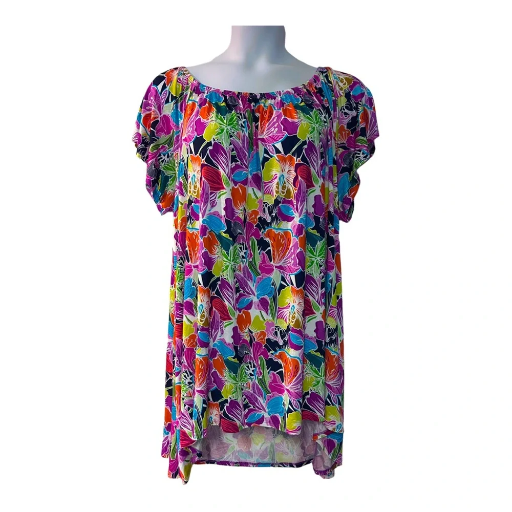 Midnight Velvet Tropical Floral High Low Tunic Casual Office Casual Knit Top - Picture 4 of 13